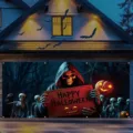 Halloween garage door banner decoration with hooded skeleton and Happy Halloween sign - Skull Pumpkin Sign (CK-003) / 400x180cm