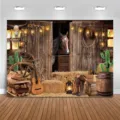 Fondo de fotografía de granero de vaqueros occidentales con caballo y madera vintage - 95x75cm / Marrón Retro