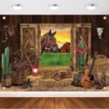 Fondo fotográfico rústico de madera de granero vaquero para fiestas temáticas - Granero de Vaquero del Oeste Vintage (SBJ-002) / 95x75cm / Marrón Retro