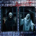 Gruselige Halloween-Fensterabdeckung mit Kapuzenskeletten und roten Blutspritzern - Kapuzenskelette (C-010) / 120x80cm