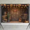 Fondo de granero de vaquero occidental vintage para decoraciones de fiesta de temática rústica - 95x75cm / Marrón Retro