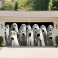Outdoor Halloween garage door banner featuring surprised cartoon ghost printed design - Cartoon Ghost (CK-001) / 400x180cm