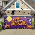 Large Halloween garage door banner featuring spooky pumpkins and ghost prints for outdoor decor - Moon Pumpkin Ghost (CK-002) / 400x180cm