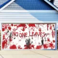Spooky Halloween garage door banner decoration with bloody splatters and ghost silhouettes - Blood Handprint Ghost (CK-004) / 400x180cm