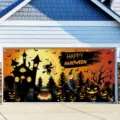 Halloween garage door banner with spooky castle, witch and pumpkins print - Castle Witch (CK-006)