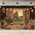 Rustieke western schuur fotografie achtergrond met paard hooi en gitaar decoratie - SBJ-005 / 95x75cm / Retro Bruin