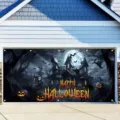 Halloween garage door banner featuring spooky haunted house and glowing pumpkin prints - Reaper Pumpkin (CK-008)