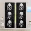 Gothic Halloween curtains featuring triple skull motif on premium black window drapes - CL-007 (Three Wise Skulls)