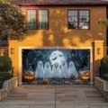 Halloween garage door banner with cute ghost and pumpkin print for outdoor decor - Ghost Castle (CK-009)