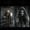 Gruselige Halloween-Fensterabdeckung mit zwei unheimlichen Gestalten hinter Gittern. - Zaun Zombie Frau (C-009) / 120x80cm