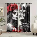 Gothic Halloween curtains featuring Sugar Skull and red rose patterns for party decor - CL-010 (Catrina Makeup)