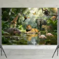 Vibrant jungle animals photography backdrop for safari themed parties and portrait photos - Jungle Animals (SBJ-009) / 95x75cm