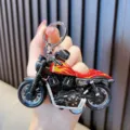 Cool red motorcycle model keychain with realistic flame decals and metal ring accessory - Red