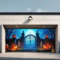 Halloween garage door banner featuring a spooky graveyard with pumpkins and moon - Spooky Graveyard Skeleton Style (CK-003) / 150x100cm