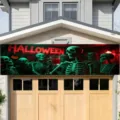 Large Halloween garage door banner featuring spooky green skeletons and scary red lettering - Fluorescent Green Skeleton Pattern (SHF-003) / 30x120cm