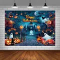 Halloween party backdrop with cute ghost and pumpkin lantern theme - Halloween Ghost Castle Style (SBJ-013) / 95x75cm