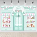 Sfondo fotografico negozio di dolci rosa con caramelle e macaron per decorazione festa - Sfondo Gelateria (SBJ-009) / 95x75cm