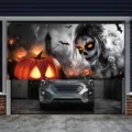 Griezelige Halloween garagedeur banner met skeletmeisje en lichtgevende pompoenen - Schedel Meisje Pompoen Stijl (CK-003) / 400x180cm