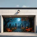 Halloween garage door banner featuring a spooky graveyard with pumpkins and ghosts - Ghost Pumpkin Style (CK-004) / 150x100cm