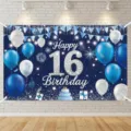 Groot blauw 16e verjaardag spandoek met zilveren glitter ballonnen en taart decor - 16e verjaardag thema achtergrond (SBJ-004) / 95x75cm / Donkerblauw