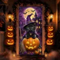 Halloween door banner decoration featuring cute black cat and glowing pumpkins for spooky party. - ML-006 Style / 90x180cm
