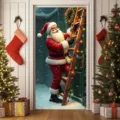 Festive Christmas door cover featuring Santa Claus climbing a ladder with lights - 90x180cm / Santa Climbing Ladder Pattern (ML-014)