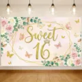 Elegante Sweet 16 verjaardag achtergrond banner met roze rozen en gouden glitter vlinders - Verjaardagsfeest Decoratie Achtergrond (SBJ-005)