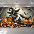 Halloween Horror Party Hintergrund mit Skeletthexe, Kürbissen und Fledermausdeko - Hexe Skelett Stil (SBJ-006)