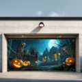 Halloween garage door banner decoration featuring spooky skeletons and pumpkins - Spooky Cemetery Pumpkin Style (CK-006) / 150x100cm