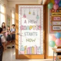 Back-to-school classroom door cover banner with A New Chapter Starts Now message - 90x180cm / New Chapter Style (ML-016)