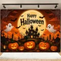 Halloween party backdrop with cute ghosts, pumpkins, and a spooky dark castle design - Ghost Pumpkin Style (SBJ-017) / 95x75cm