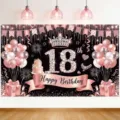 Rose goud 18e Happy Birthday achtergrond voor feestversiering met kroon en ballonnen. - 18e Verjaardagsfeest Decoratie Achtergrond (SBJ-008)