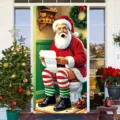 Funny surprised Santa Claus on toilet door banner decoration for Christmas holiday party entry. - 90x180cm / Santa Sitting on Toilet Pattern (ML-018)