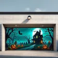Halloween garage door banner featuring a spooky cemetery and glowing house design - Spooky Graveyard Style (CK-008) / 150x100cm