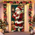 Vibrant Santa Claus Christmas door banner for festive holiday porch entrance decoration - 90x180cm / Vintage Santa and Clock Illustration (ML-019)