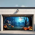 Spooky Halloween garage door banner with glowing pumpkins and haunted house mural - Spooky Cemetery Ancient House Pumpkin Style (CK-009) / 150x100cm