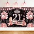 Roségouden banner voor 21e verjaardag met ballonnen, kroon en cadeaus decoratie - 21ste Verjaardag Decoratie Achtergrond (SBJ-010)