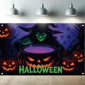 Gruseliger Halloween Party Hintergrund mit grüner Hexe und leuchtenden Kürbissen - Hexe und Kürbis Stil (SBJ-011)