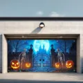 Spooky Halloween garage door banner featuring skeletons pumpkins and a haunted castle - Cemetery Skeleton Castle Style (CK-010) / 150x100cm