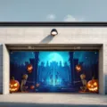 Halloween garage door banner decoration with spooky graveyard castle and pumpkins - Spooky Cemetery Castle Style (CK-011) / 150x100cm