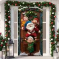Festive Christmas door banner featuring 3D cartoon Santa and elves for home entrance. - 90x180cm / Santa and Elves Pattern (ML-024)