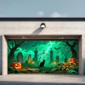 Spooky graveyard Halloween garage door banner with green lightning and pumpkins - Spooky Cemetery Style (CK-013) / 150x100cm