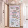 Pastel shimmer classroom door cover with disco balls and rainbow pencil decoration - 90x180cm / Pink Disco Shimmer Style (ML-023)
