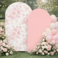 Set aus zwei floralen und rosa U-förmigen Bogen-Hintergrundabdeckungen für Partys - 100x200cm + 120x220cm / Polyester-Stil (SGX-001) / Rosa Floral (2er-Pack)