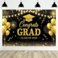 Festive black and gold glitter graduation party backdrop with Congrats Grad 2026 sign - Graduation Celebration Style (SBJ-004) / 95x75cm Pack