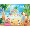 Tropical beach party backdrop with Hello Summer theme and palm trees illustrations - SBJ-001 / 95x75cm