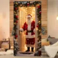 Festive Santa Claus door curtain for Christmas porch decoration with snowy scene. - 90x180cm / Santa at Snowy Door