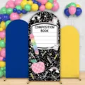 Farbenfrohes Back to School Bogen Hintergrund Abdeckungsset mit Schulmaterial Motiven - Polyester Modell / 3er-Set (65x150+80x180+50x120cm)