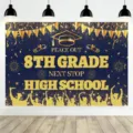 Peace Out 8th Grade graduation backdrop in navy blue and gold for party decorations - 8th Grade Graduation Style (SBJ-005)