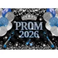 Πολυτελές φόντο φωτογραφίας Prom 2026 με μπλε διαμάντια και ασημένιο στέμμα - Στυλ Χορού Αποφοίτησης (SBJ-002) / 95x75cm